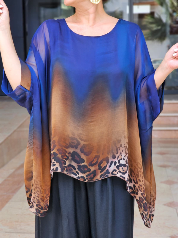 FELİX15476 Leopar Desenli İthal İpekli Lacivert Batik Bluz