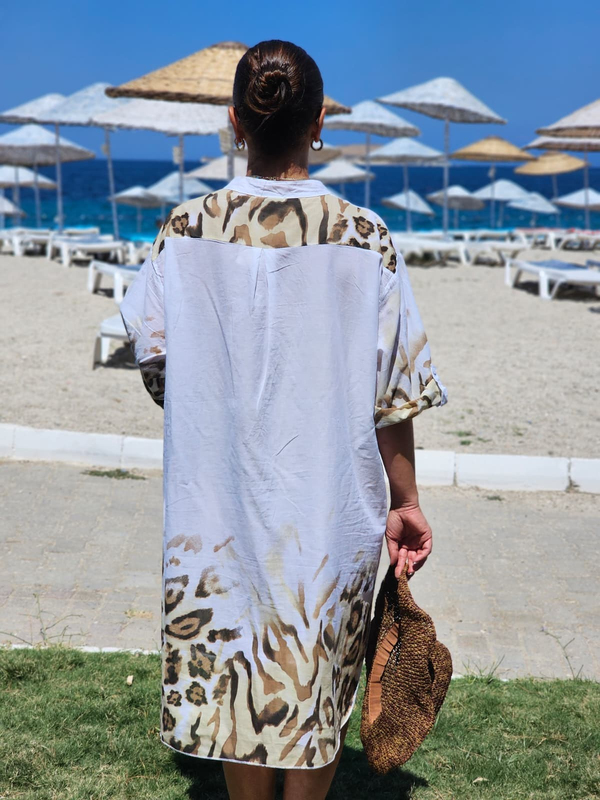 FELİX15477  Leopar Desenli Beyaz İthal Gömlek Elbise - Pareo