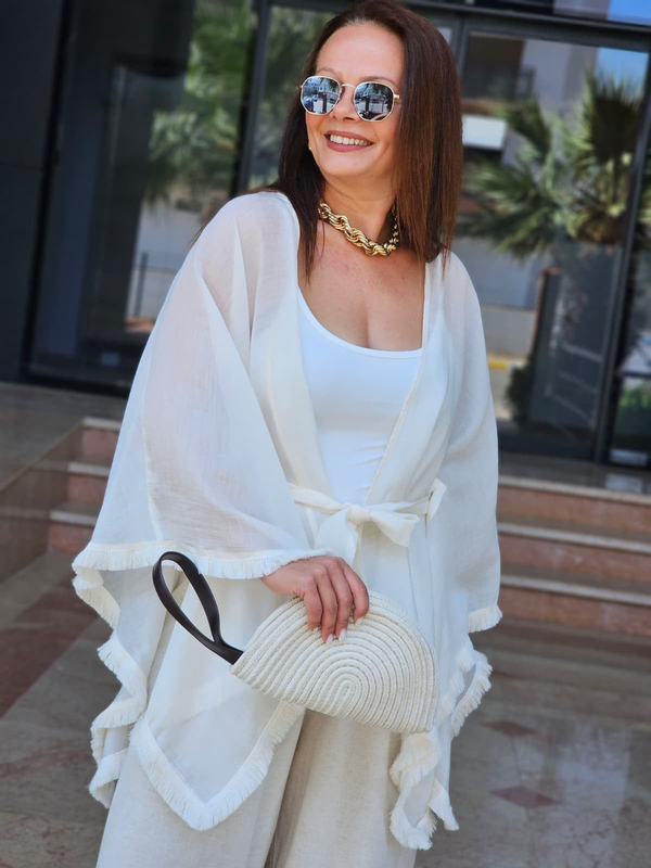 FELİX15512 Püsküllü Krem Kimono