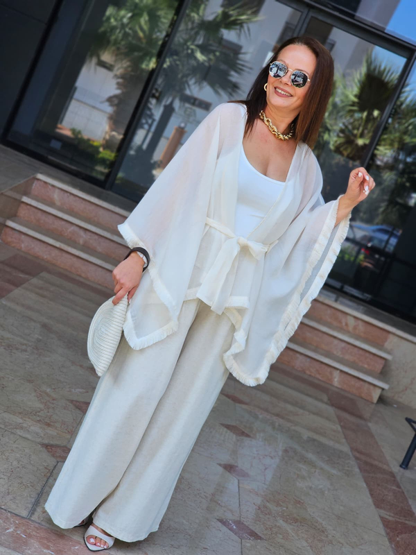 FELİX15512 Püsküllü Krem Kimono