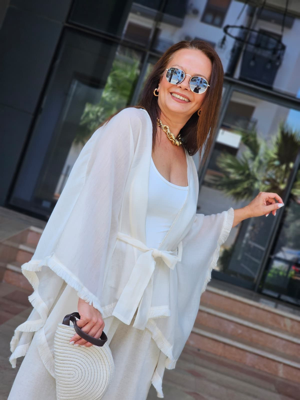 FELİX15512 Püsküllü Krem Kimono