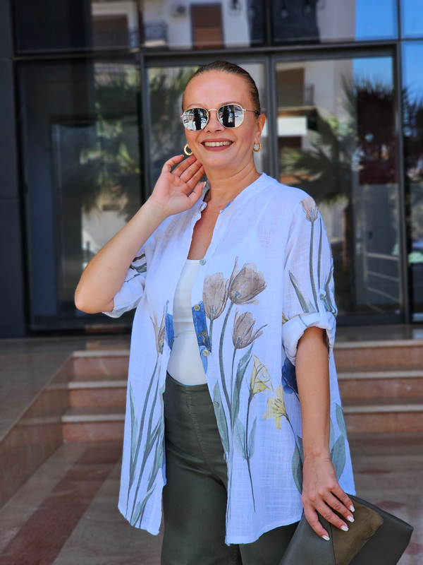 FELİX15538 Lilyum Desenli İthal Cotton Beyaz Gömlek