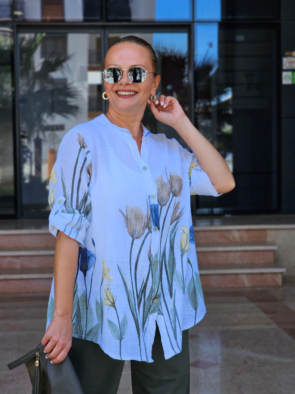 FELİX15538 Lilyum Desenli İthal Cotton Beyaz Gömlek