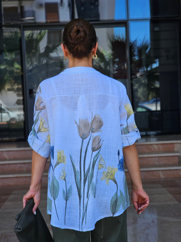 FELİX15538 Lilyum Desenli İthal Cotton Beyaz Gömlek