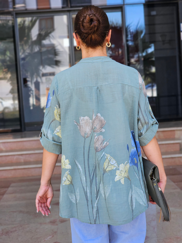FELİX15540 Lilyum Desenli İthal Cotton Haki Yeşil Gömlek