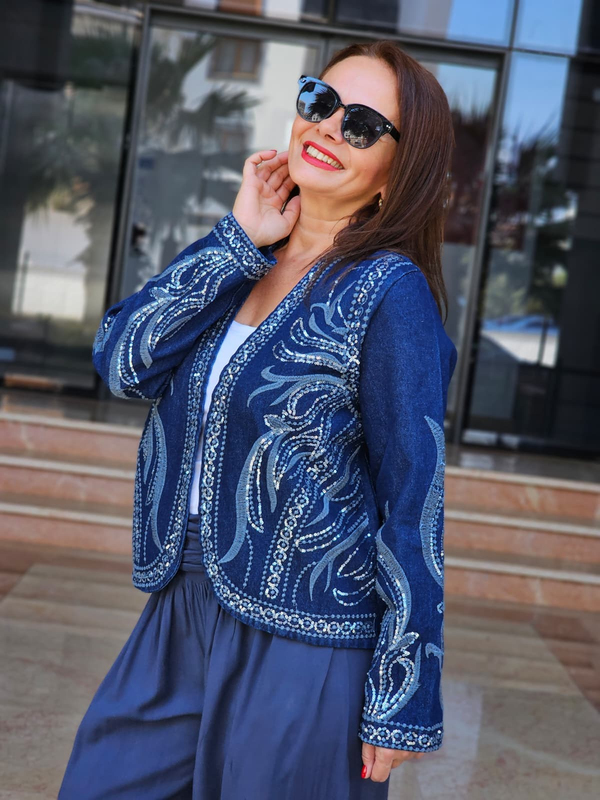 FELİX15542 Payet İşlemeli Desenli Denim Ceket