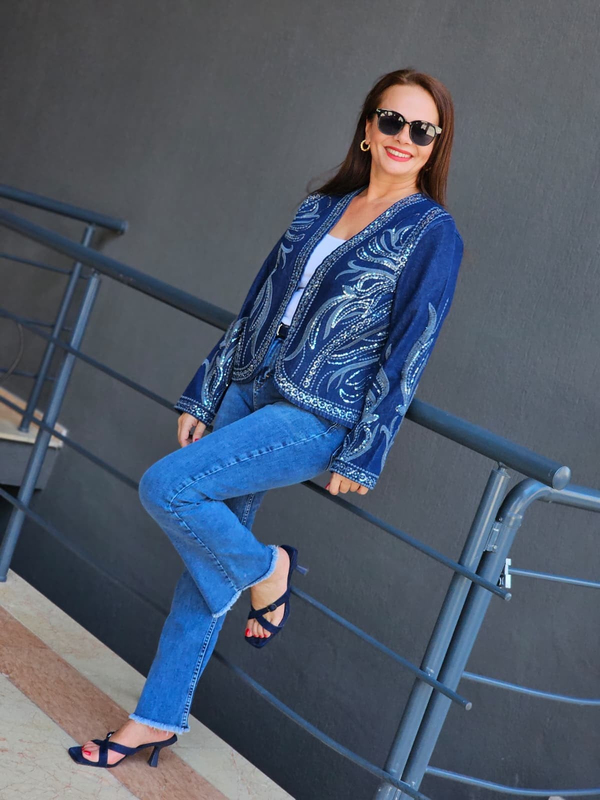 FELİX15542 Payet İşlemeli Desenli Denim Ceket