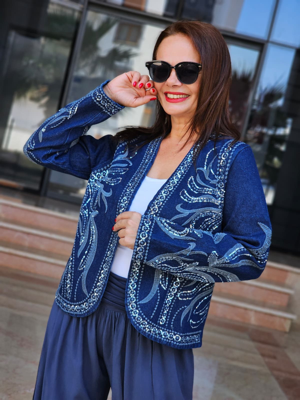 FELİX15542 Payet İşlemeli Desenli Denim Ceket