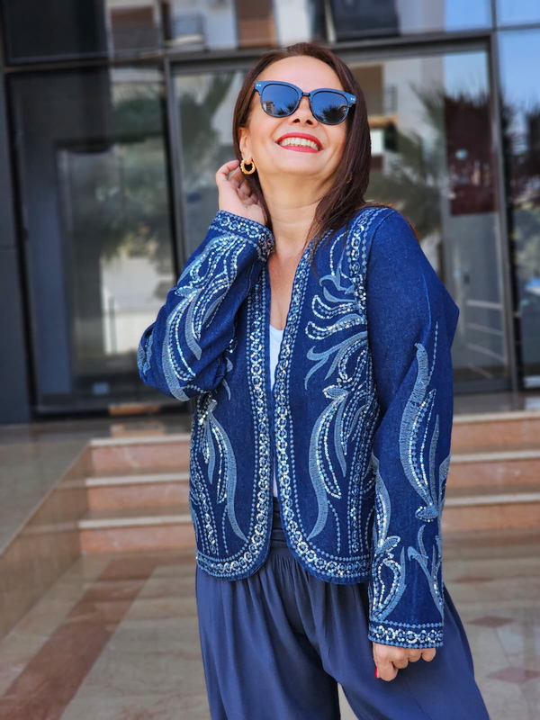 FELİX15542 Payet İşlemeli Desenli Denim Ceket