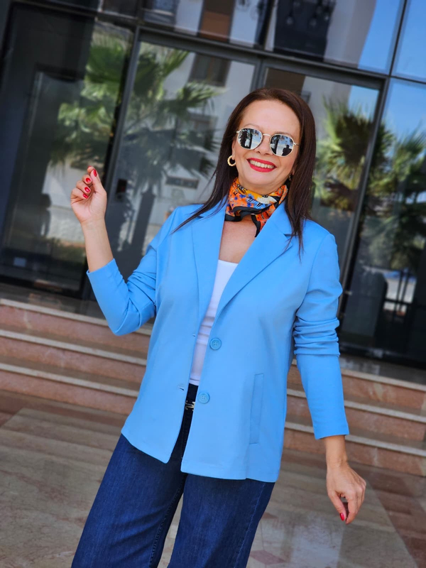 FELİX15549 Yandan Cepli İki Düğme Mavi Cotton Blazer Ceket