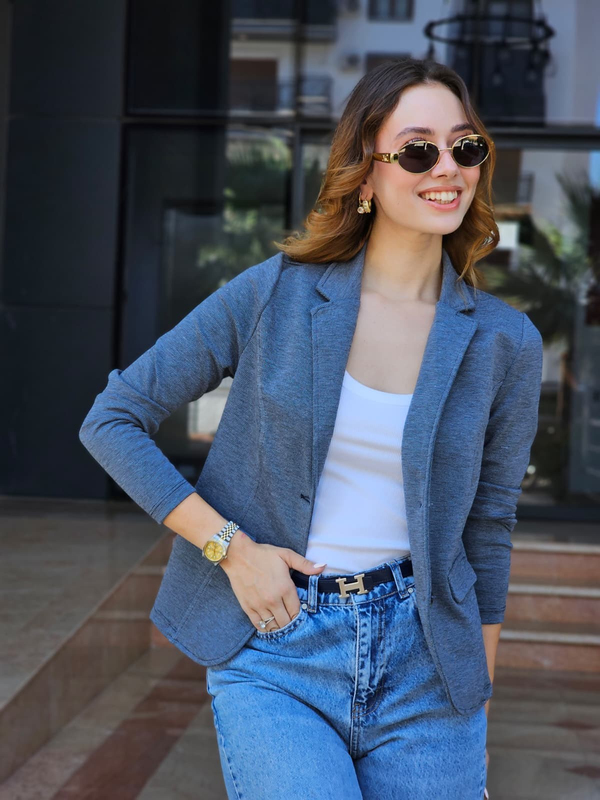 FELİX15555 İki Düğmeli Lacivert Melanj Blazer Ceket