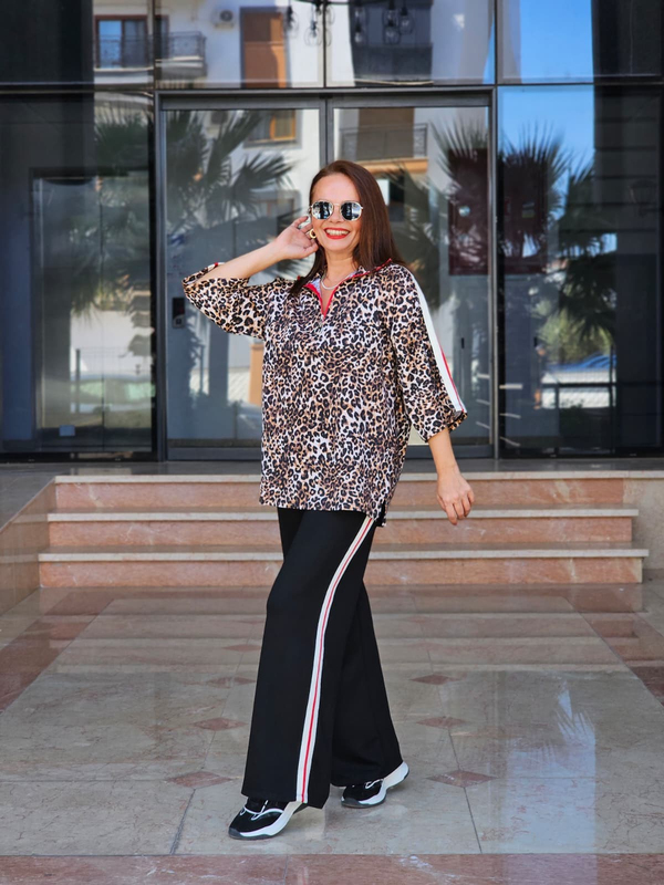 FELİX15563 Leopar Desenli Yakası Fermauarlı Şerit Detaylı Modal Takım