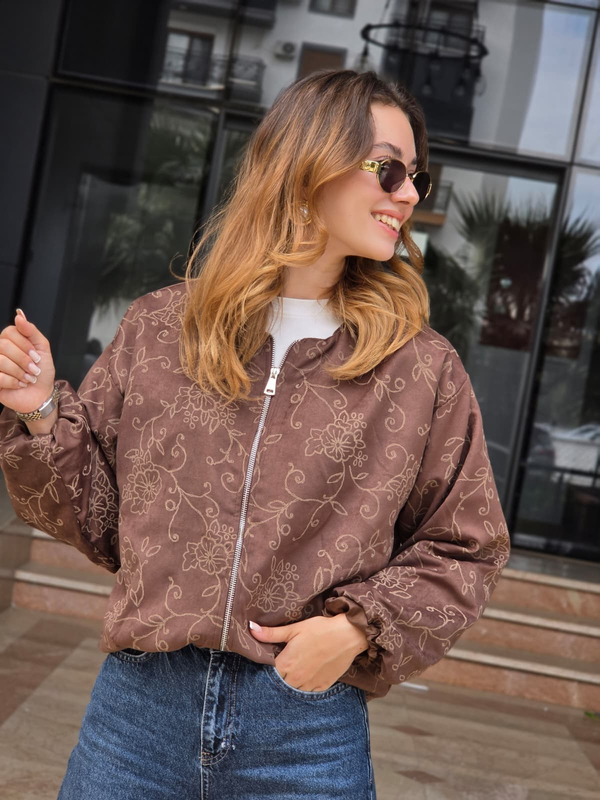 FELİX15602 Çiçek Desenli Rahat Kalıp Kahverengi Mont