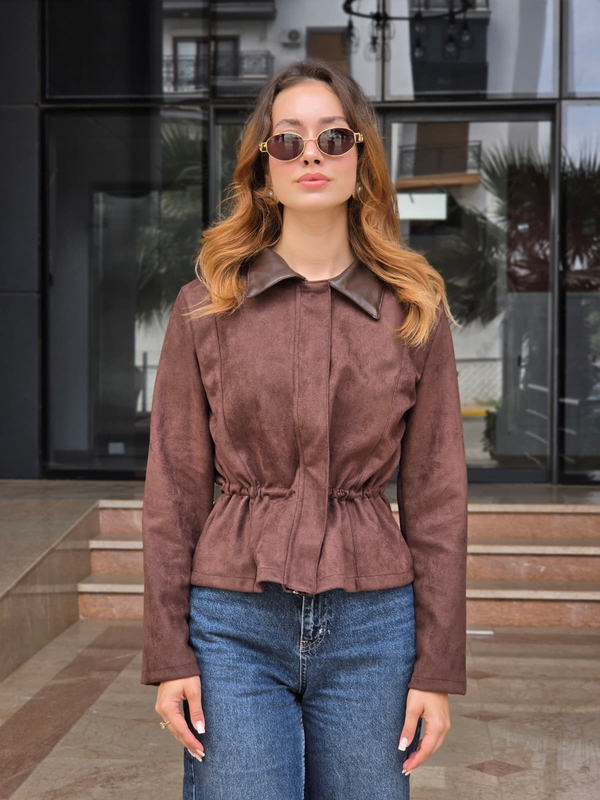 FELİX15616 Deri Yakalı Kısa Kahverengi Süet Mont