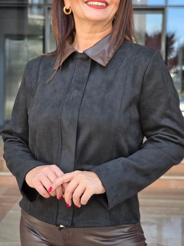 FELİX15617 Deri Yakalı Kısa Siyah Süet Mont