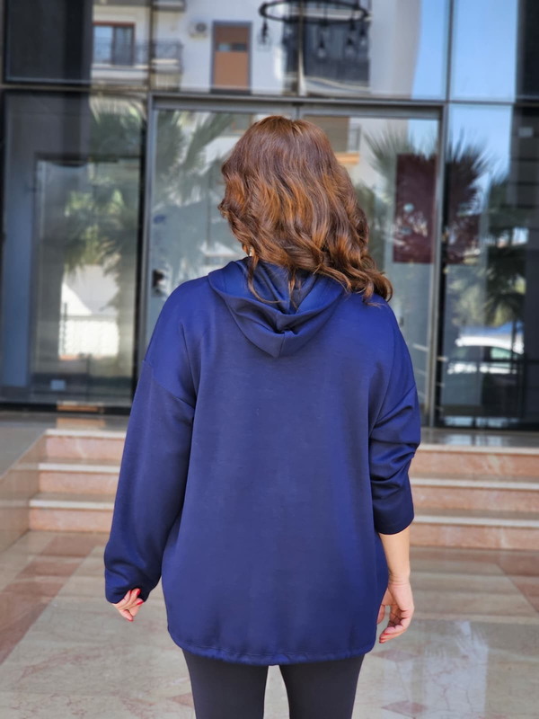 FELİX15618 Kapüşonlu Cepli Yıldız Taşlı Lacivert Sweat Ceket