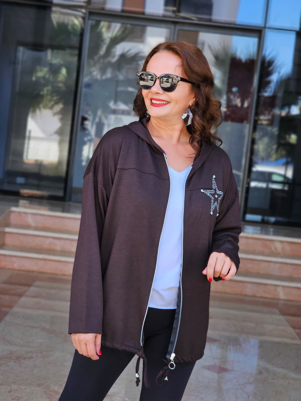 FELİX15619 Kapüşonlu Cepli Yıldız Taşlı Kahverengi Sweat Ceket