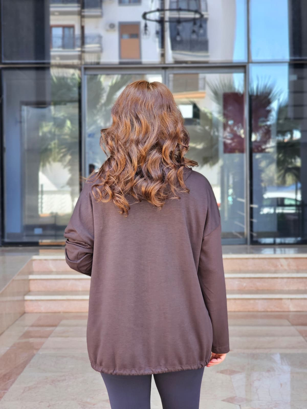 FELİX15619 Kapüşonlu Cepli Yıldız Taşlı Kahverengi Sweat Ceket