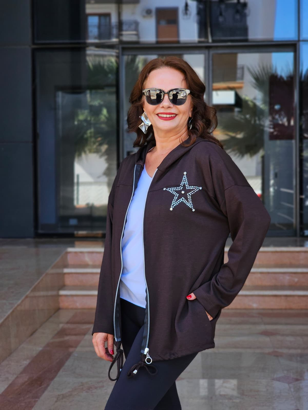 FELİX15619 Kapüşonlu Cepli Yıldız Taşlı Kahverengi Sweat Ceket