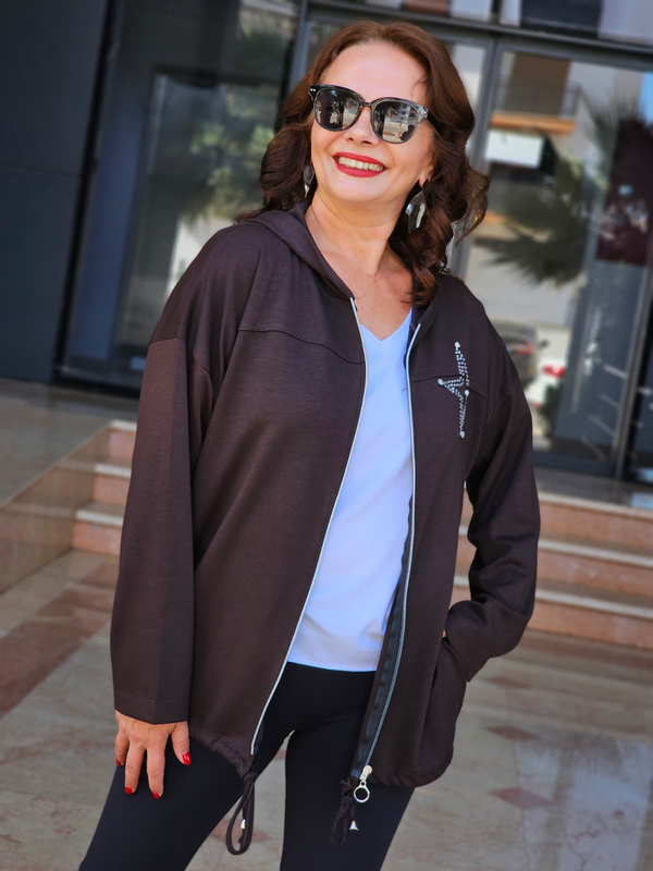 FELİX15619 Kapüşonlu Cepli Yıldız Taşlı Kahverengi Sweat Ceket