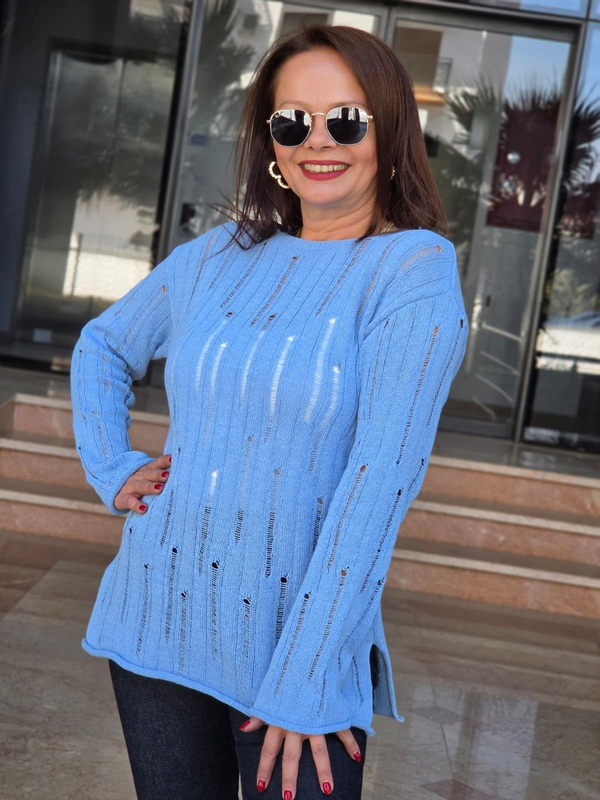 FELİX15621 Kesik Detaylı Mavi Triko