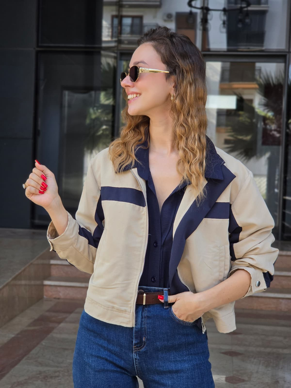 FELİX15636 Lacivert Detaylı Krem Trenckot Ceket