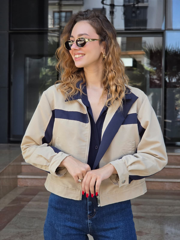 FELİX15636 Lacivert Detaylı Krem Trenckot Ceket