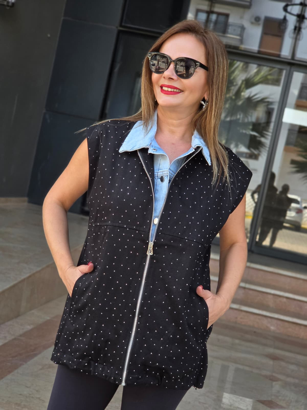 FELİX15641 Kot Detaylı Taşlı Siyah Premium Yelek