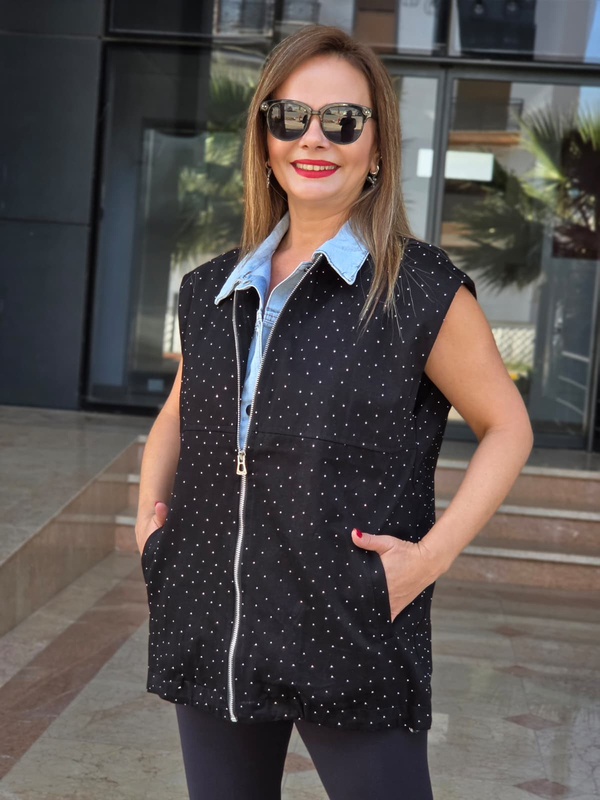 FELİX15641 Kot Detaylı Taşlı Siyah Premium Yelek