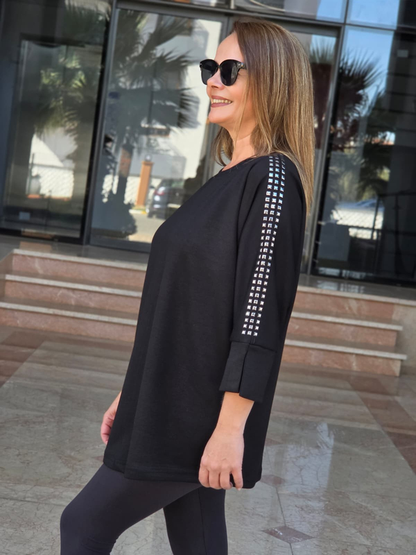 FELİX15650 Omuz Kol Zımba Detaylı Siyah Rahat Kalıp Sweatshirt