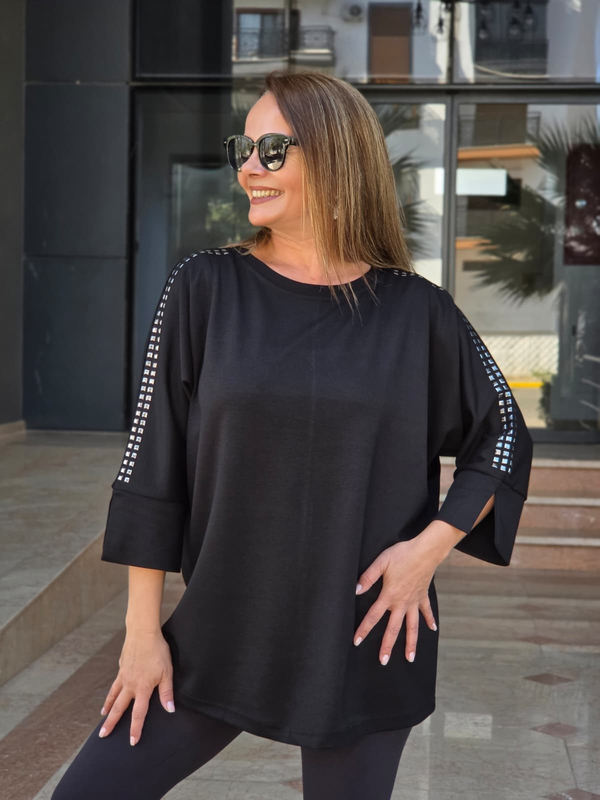 FELİX15650 Omuz Kol Zımba Detaylı Siyah Rahat Kalıp Sweatshirt