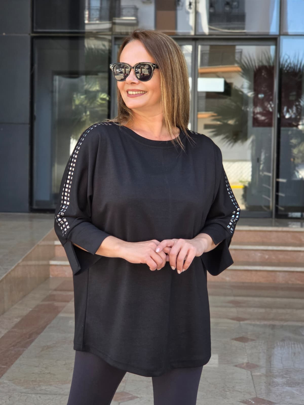 FELİX15650 Omuz Kol Zımba Detaylı Siyah Rahat Kalıp Sweatshirt