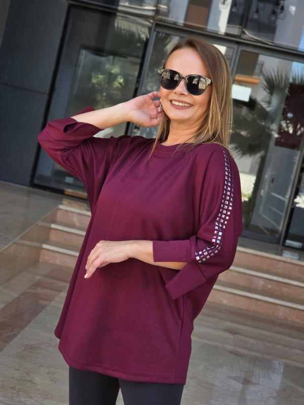 FELİX15651 Omuz Kol Zımba Detaylı Bordo Rahat Kalıp Sweatshirt