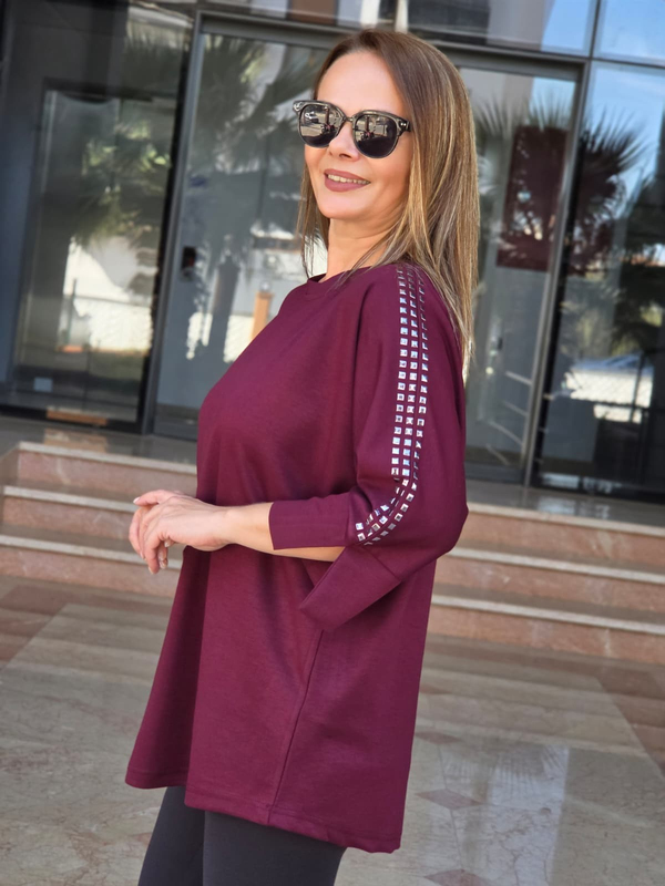FELİX15651 Omuz Kol Zımba Detaylı Bordo Rahat Kalıp Sweatshirt