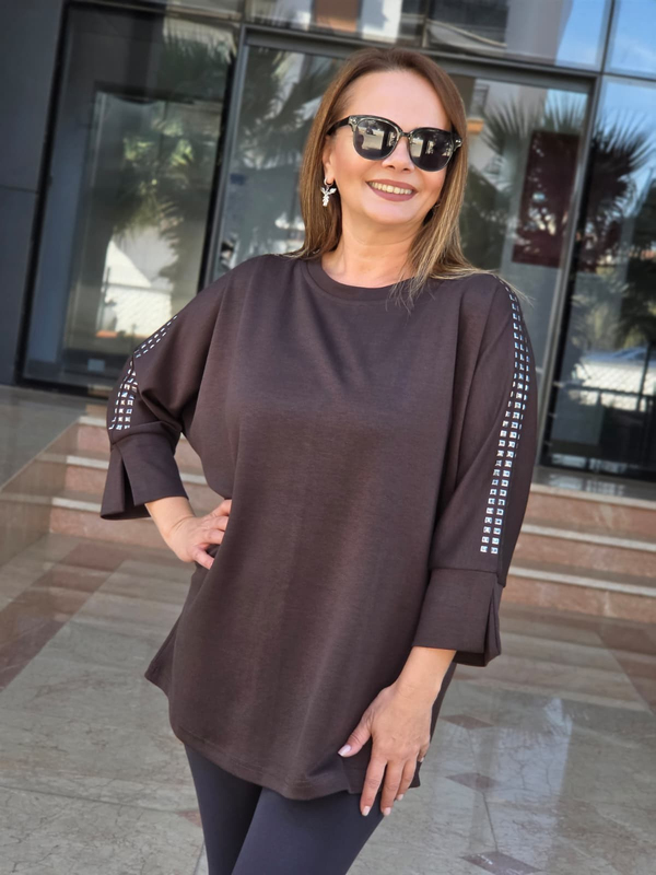 FELİX15652 Omuz Kol Zımba Detaylı Kahverengi Rahat Kalıp Sweatshirt
