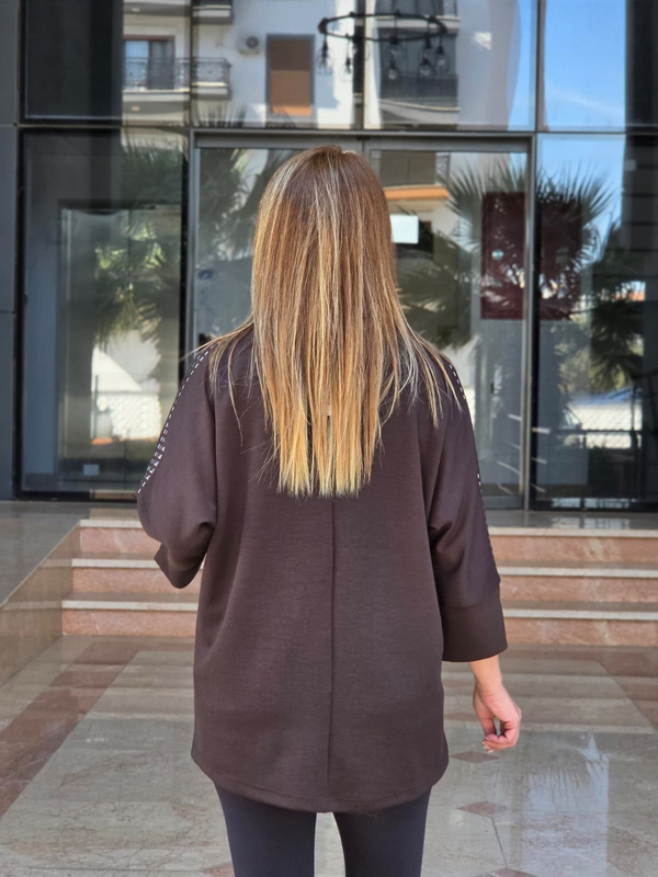 FELİX15652 Omuz Kol Zımba Detaylı Kahverengi Rahat Kalıp Sweatshirt