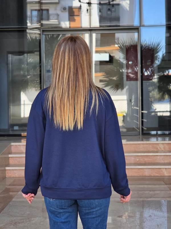 FELİX15653 Bisiklet Yaka Pamuklu Basic Lacivert Sweatshirt