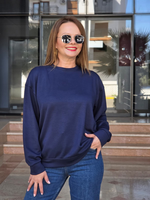 FELİX15653 Bisiklet Yaka Pamuklu Basic Lacivert Sweatshirt