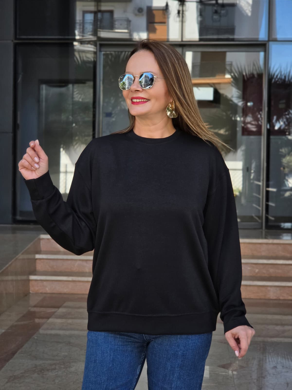 FELİX15654 Bisiklet Yaka Pamuklu Basic Siyah Sweatshirt