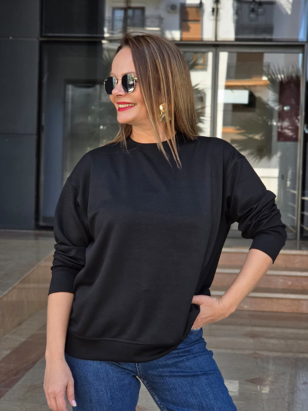 FELİX15654 Bisiklet Yaka Pamuklu Basic Siyah Sweatshirt