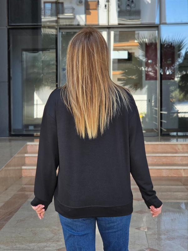 FELİX15654 Bisiklet Yaka Pamuklu Basic Siyah Sweatshirt
