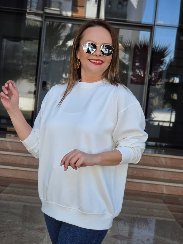FELİX15655 Bisiklet Yaka Pamuklu Basic Krem Sweatshirt