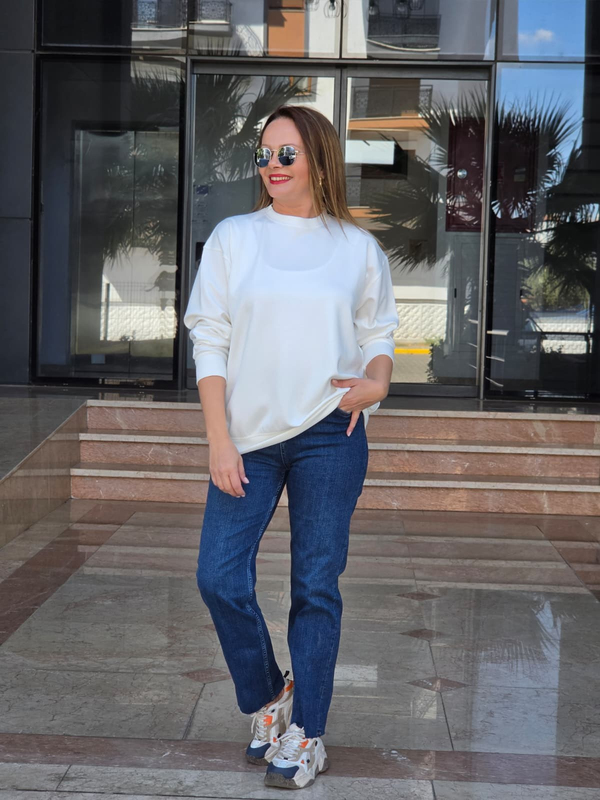 FELİX15655 Bisiklet Yaka Pamuklu Basic Krem Sweatshirt