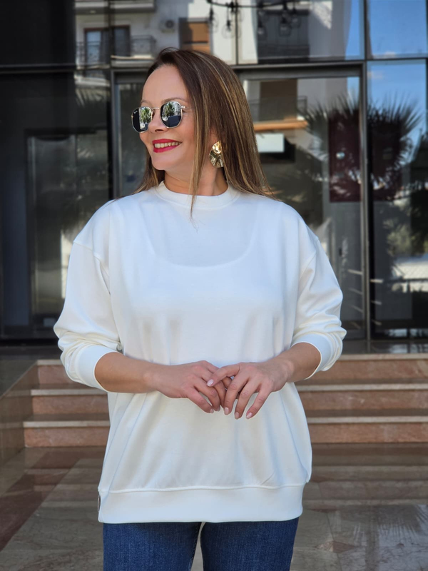 FELİX15655 Bisiklet Yaka Pamuklu Basic Krem Sweatshirt