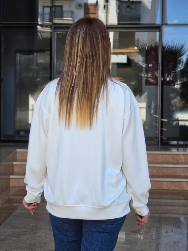 FELİX15655 Bisiklet Yaka Pamuklu Basic Krem Sweatshirt
