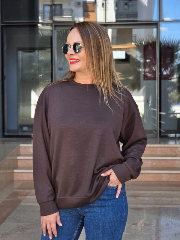 FELİX15656 Bisiklet Yaka Pamuklu Basic Kahverengi Sweatshirt