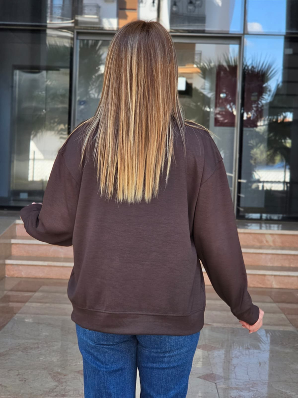 FELİX15656 Bisiklet Yaka Pamuklu Basic Kahverengi Sweatshirt