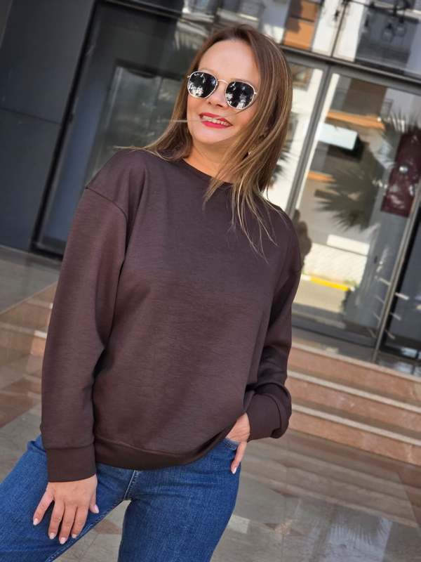 FELİX15656 Bisiklet Yaka Pamuklu Basic Kahverengi Sweatshirt