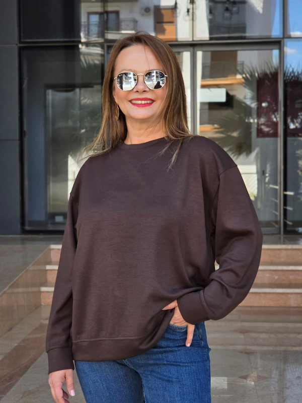 FELİX15656 Bisiklet Yaka Pamuklu Basic Kahverengi Sweatshirt