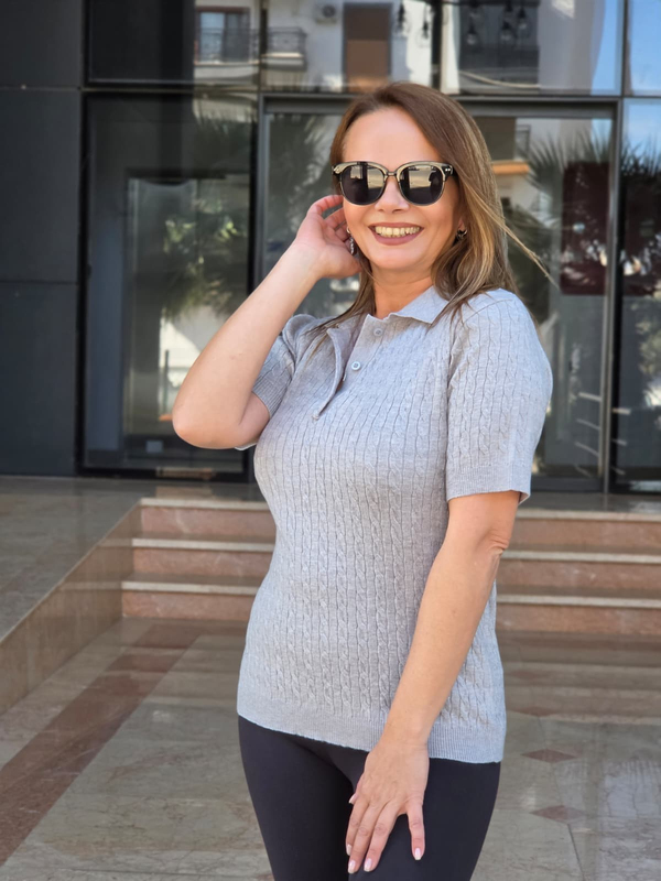 FELİX15665 Polo Yaka Düğmeli Saç Örgü Kısa Kol Gri Triko